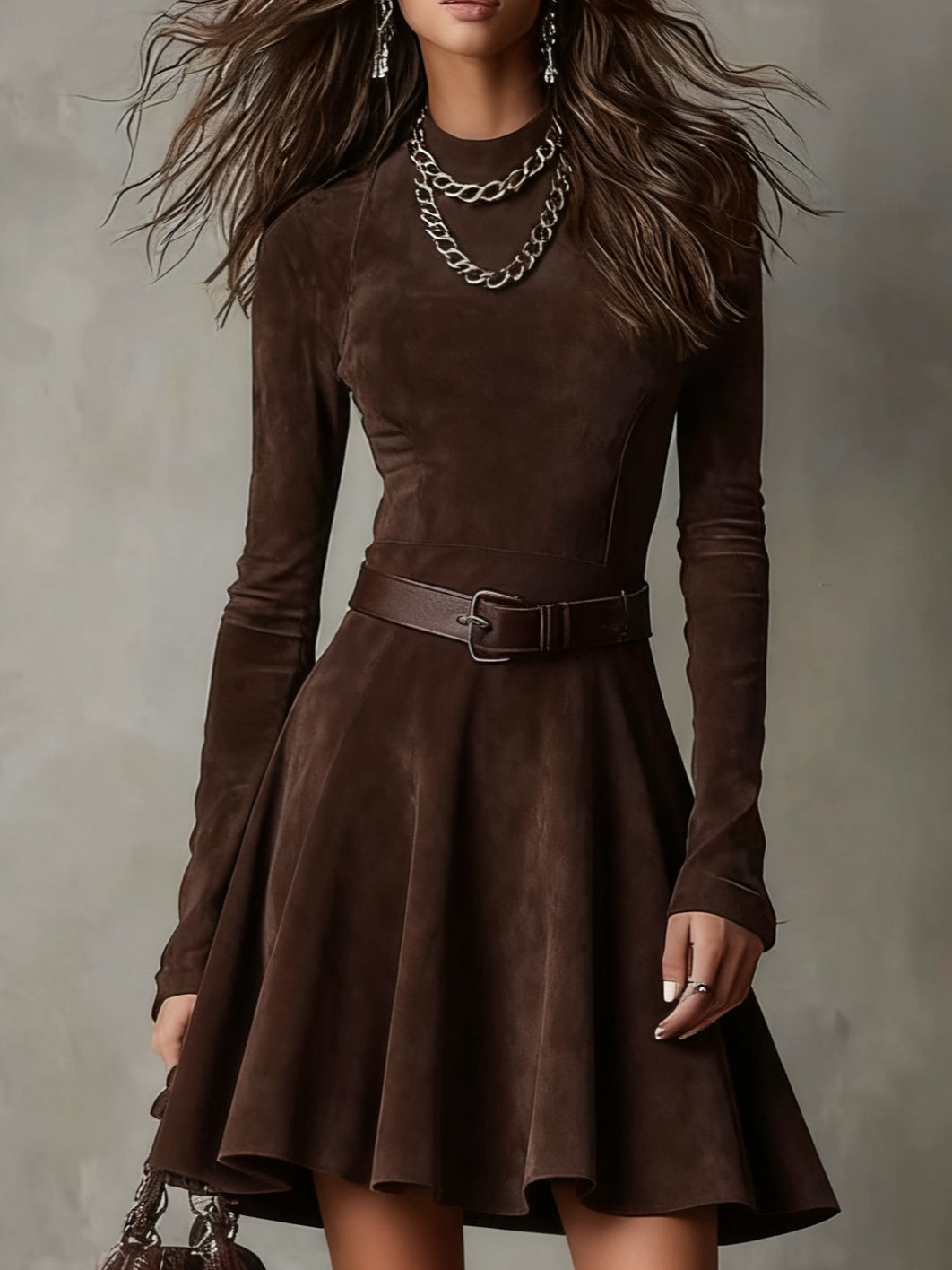 María Vestido Marrón De Ante Con Cuello Alto