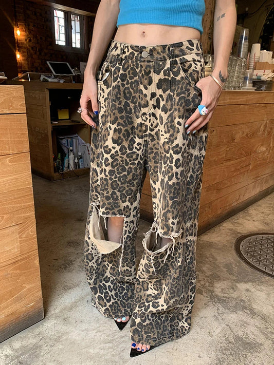 Vaqueros Anchos Con Rotos y Estampado De Leopardo