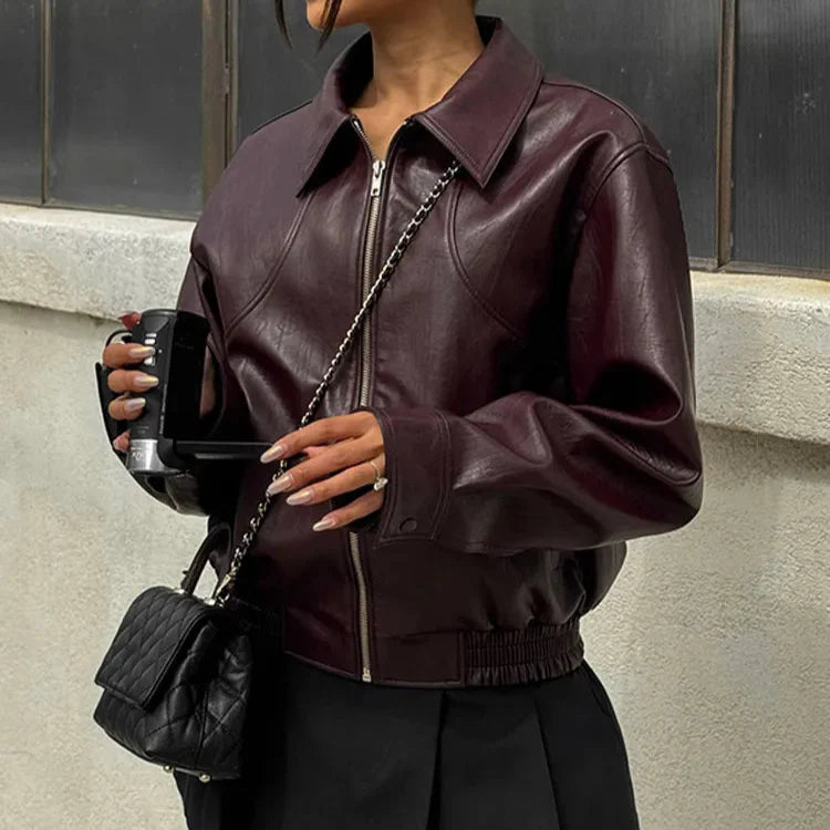 Chaqueta De Cuero Vintage Con Cremallera Para Mujer