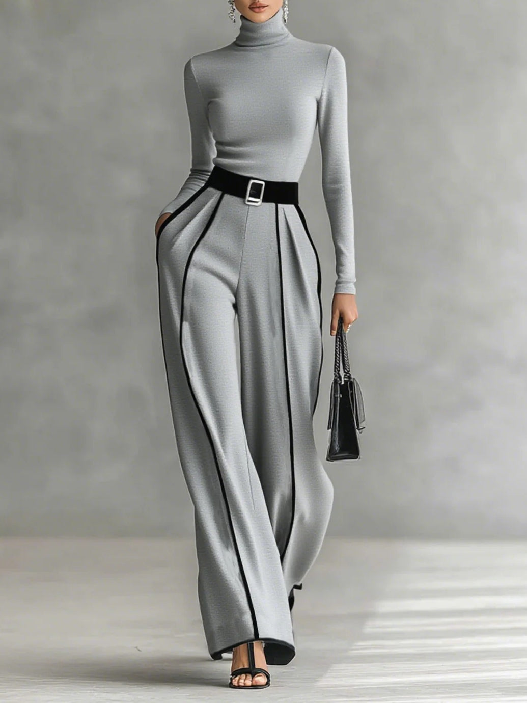 Katerina Conjunto De Jersey De Cuello Alto y Pantalones De Pierna Ancha