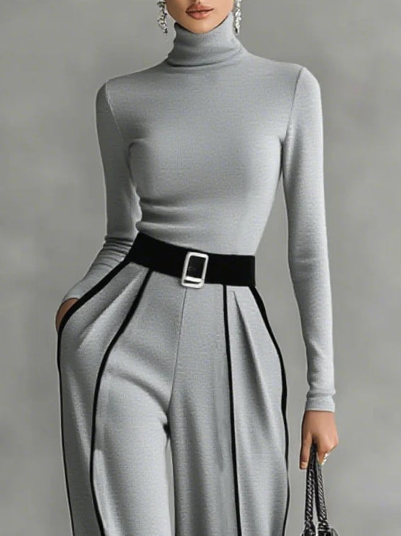 Katerina Conjunto De Jersey De Cuello Alto y Pantalones De Pierna Ancha