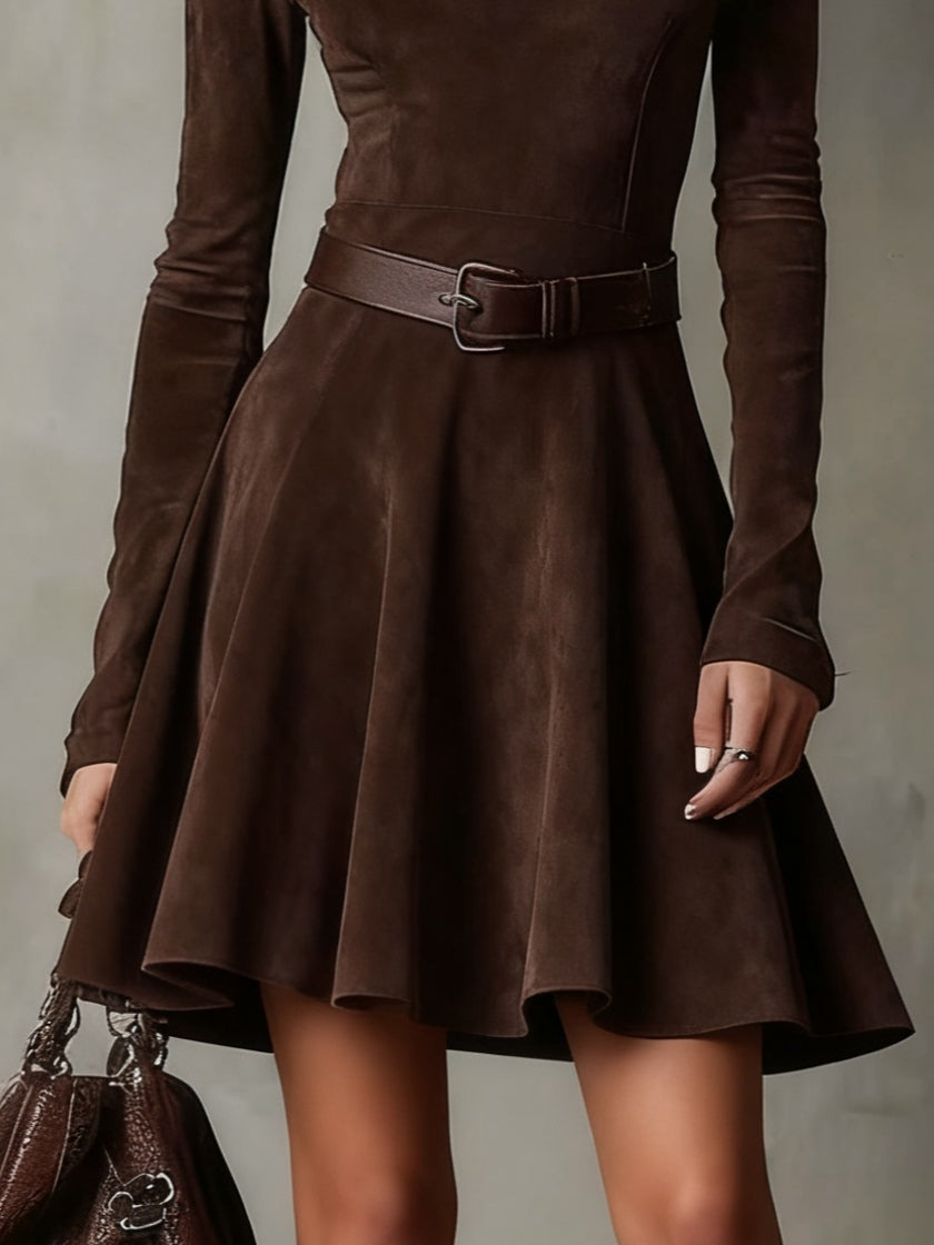 María Vestido Marrón De Ante Con Cuello Alto